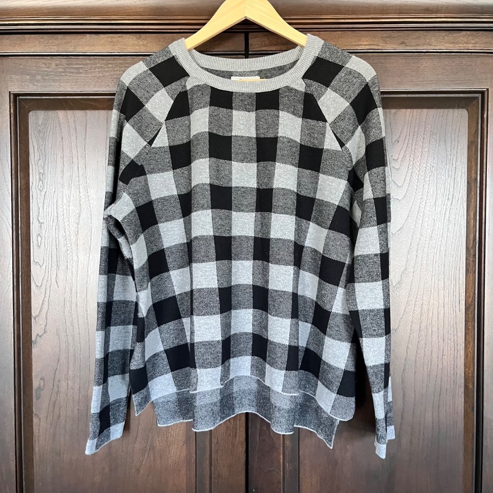 GH BASS Pullover Sweater Womens L Checkerboard Plaid Lagenlook Elevated Comfort